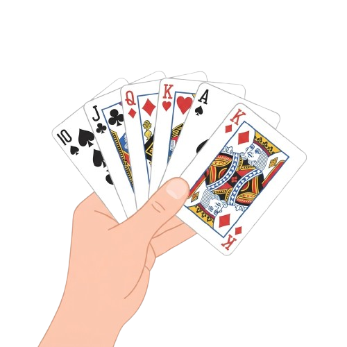 A hand holding five playing cards including 10 spades, jack clubs, queen diamonds, king hearts, ace spades, and king diamonds.