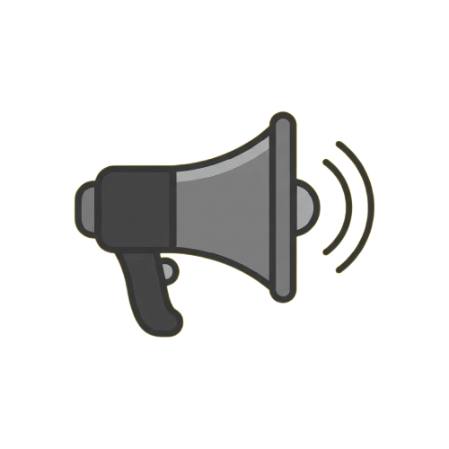 A megaphone icon emitting sound waves against a black background