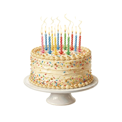 A three-layer vanilla cake with colorful sprinkles and lit sparkler candles on a white cake stand