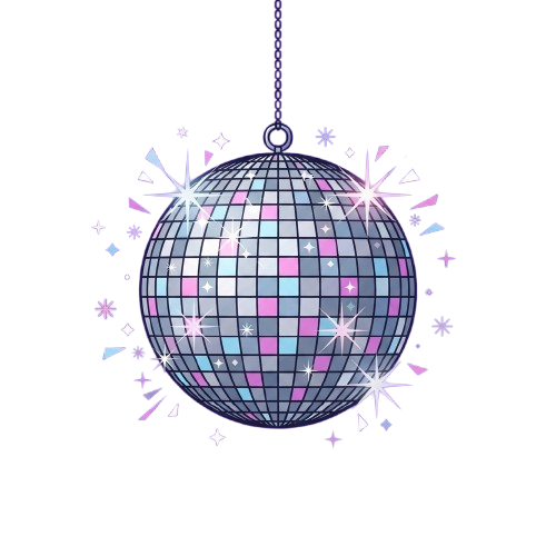 A shiny disco ball hanging ornament with colorful geometric patterns and sparkling star shapes around it