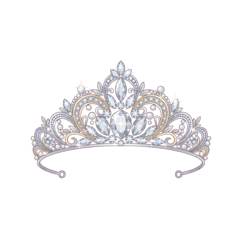 A decorative silver crown featuring intricate designs, pearls, and gemstones on a black background