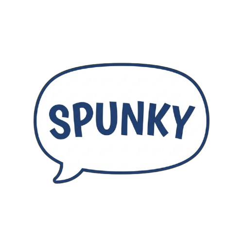 A speech bubble with the word Spunky written in bold blue letters on a white background.