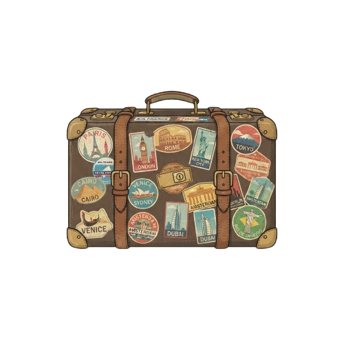 A brown vintage suitcase covered with colorful travel stickers representing various global landmarks and cities