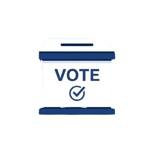 Illustration of a white ballot box with a blue slot and checkmark, labeled Vote