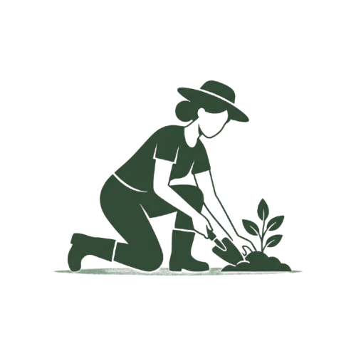 A person kneeling and planting a small seedling in soil using a shovel.
