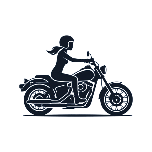 Illustration of a person riding a classic cruiser motorcycle on a dark background