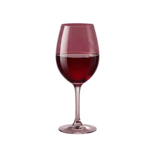 A clear wine glass half filled with red wine against a black background
