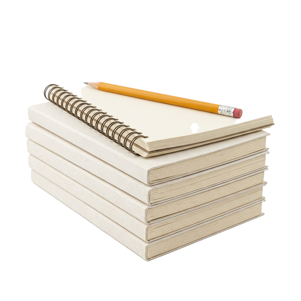 Stack of blank spiral-bound notebooks with a yellow pencil resting on top