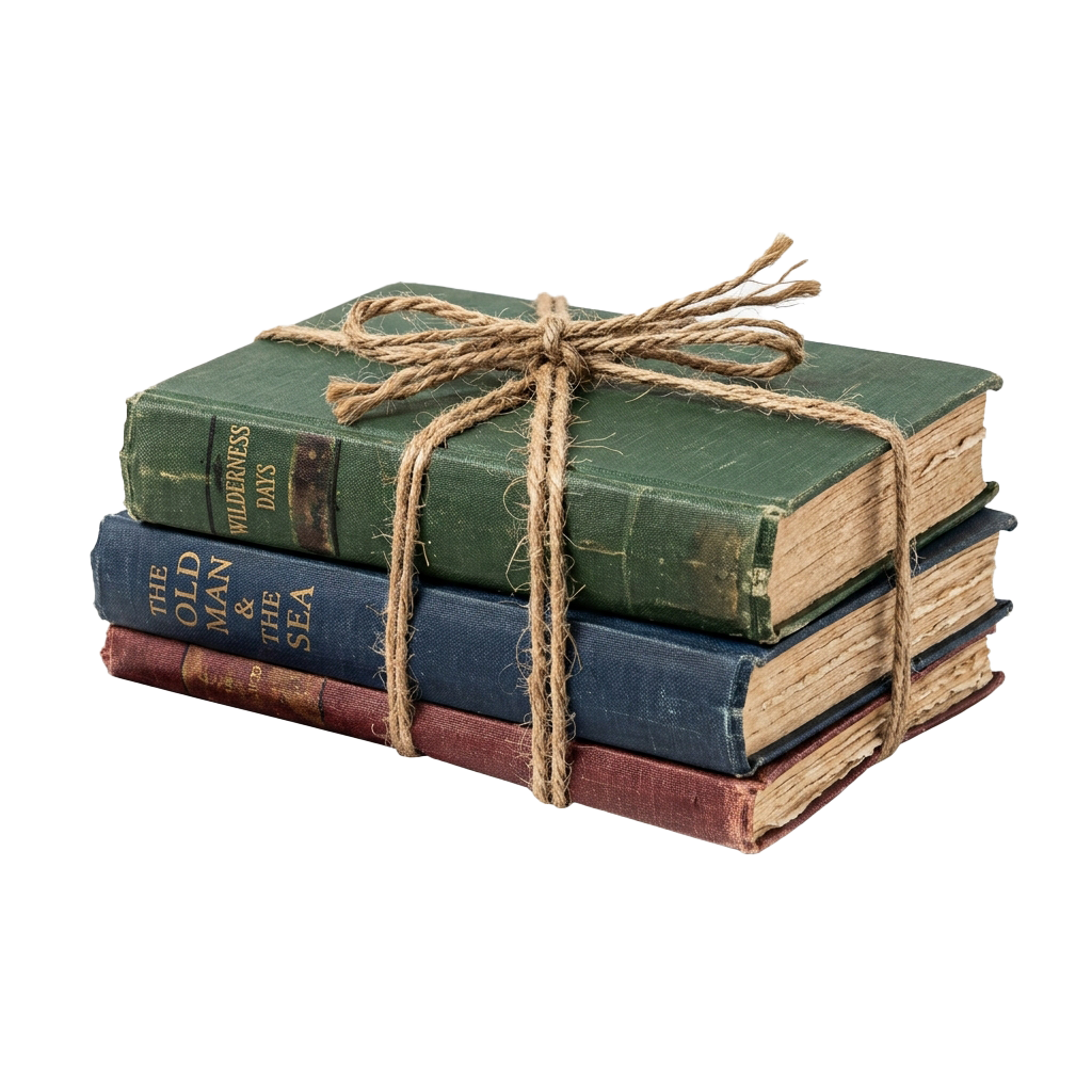 Three vintage books stacked and tied together with twine, showing titles like Wilderness Days and The Old Man and the Sea