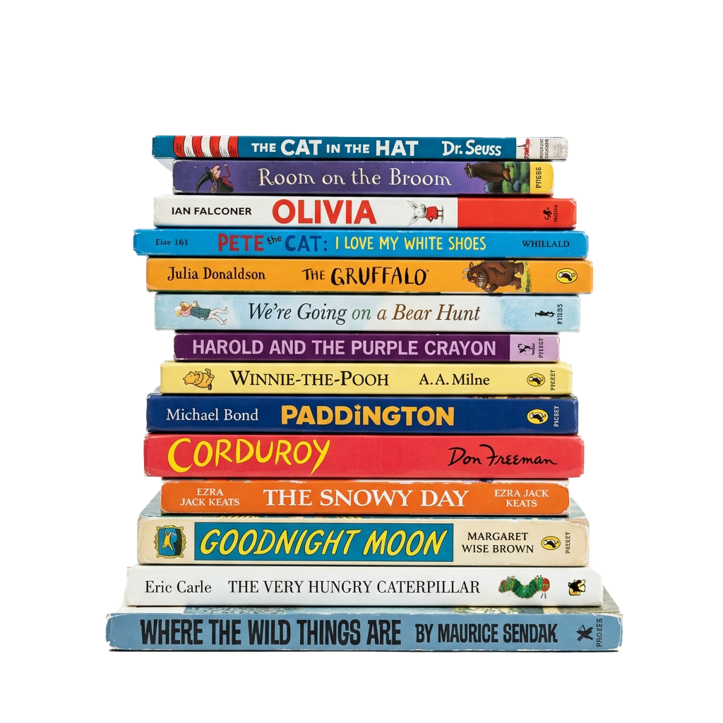 Stack of colorful children's books including titles like The Cat in the Hat, Olivia, and Goodnight Moon.