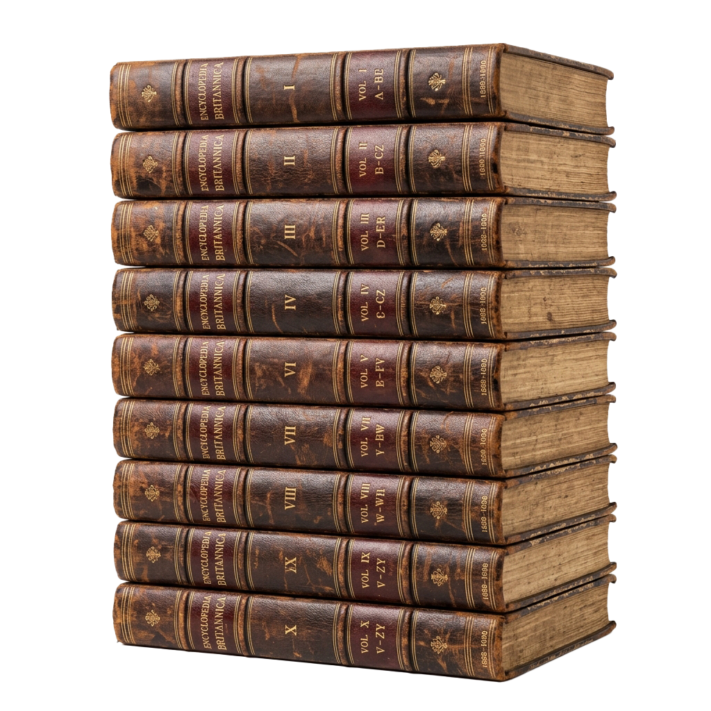 Stack of ten old leather-bound Encyclopedia Britannica volumes arranged vertically