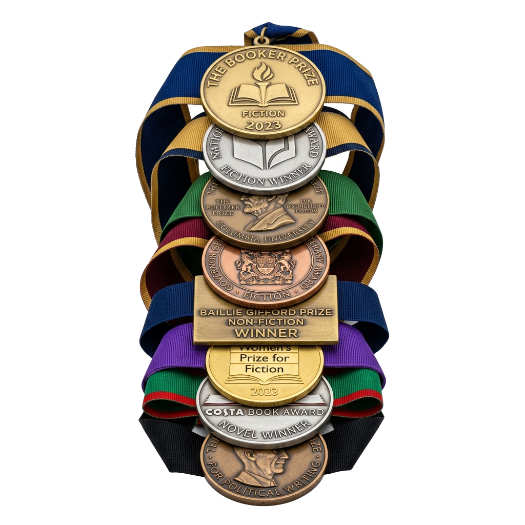 Stack of six literary award medallions on a decorative ribbon against a black background