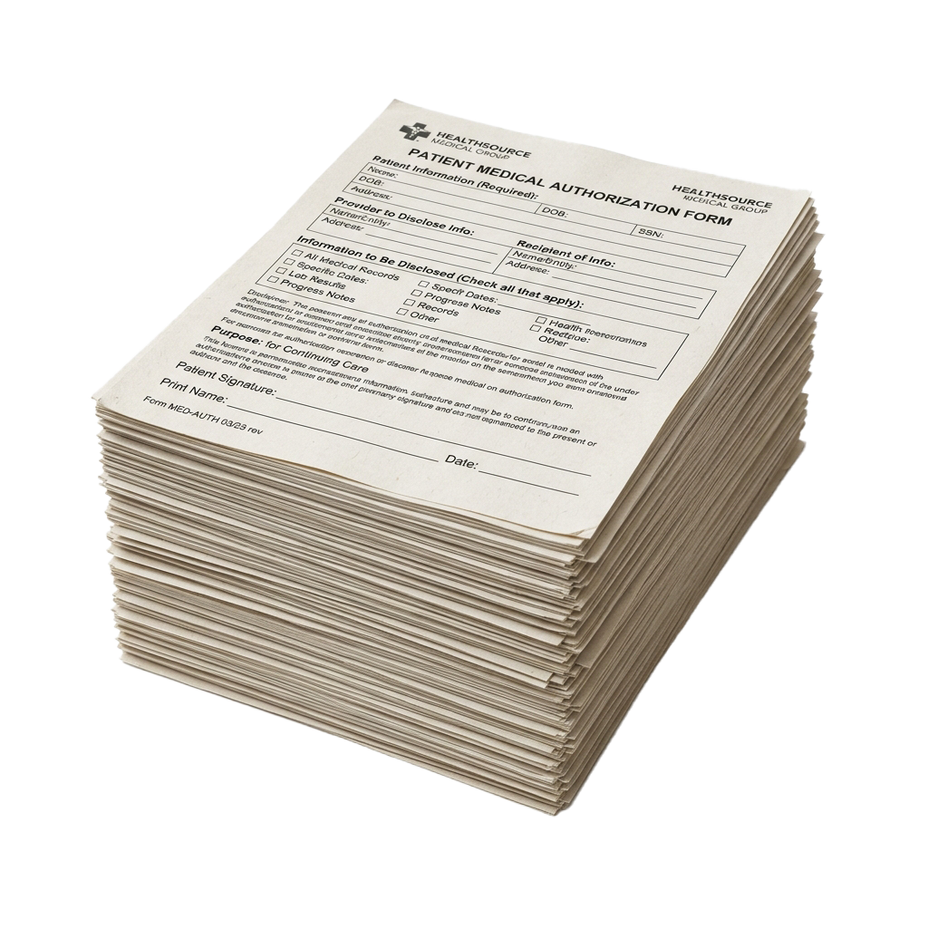 A stack of blank medical authorization forms for patient information disclosure.