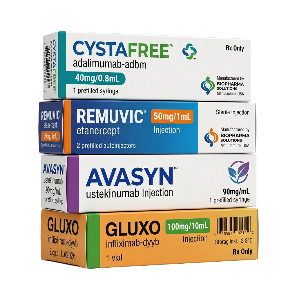 Four boxes of different biologic medication injections stacked vertically, showing brand names and dosage details.