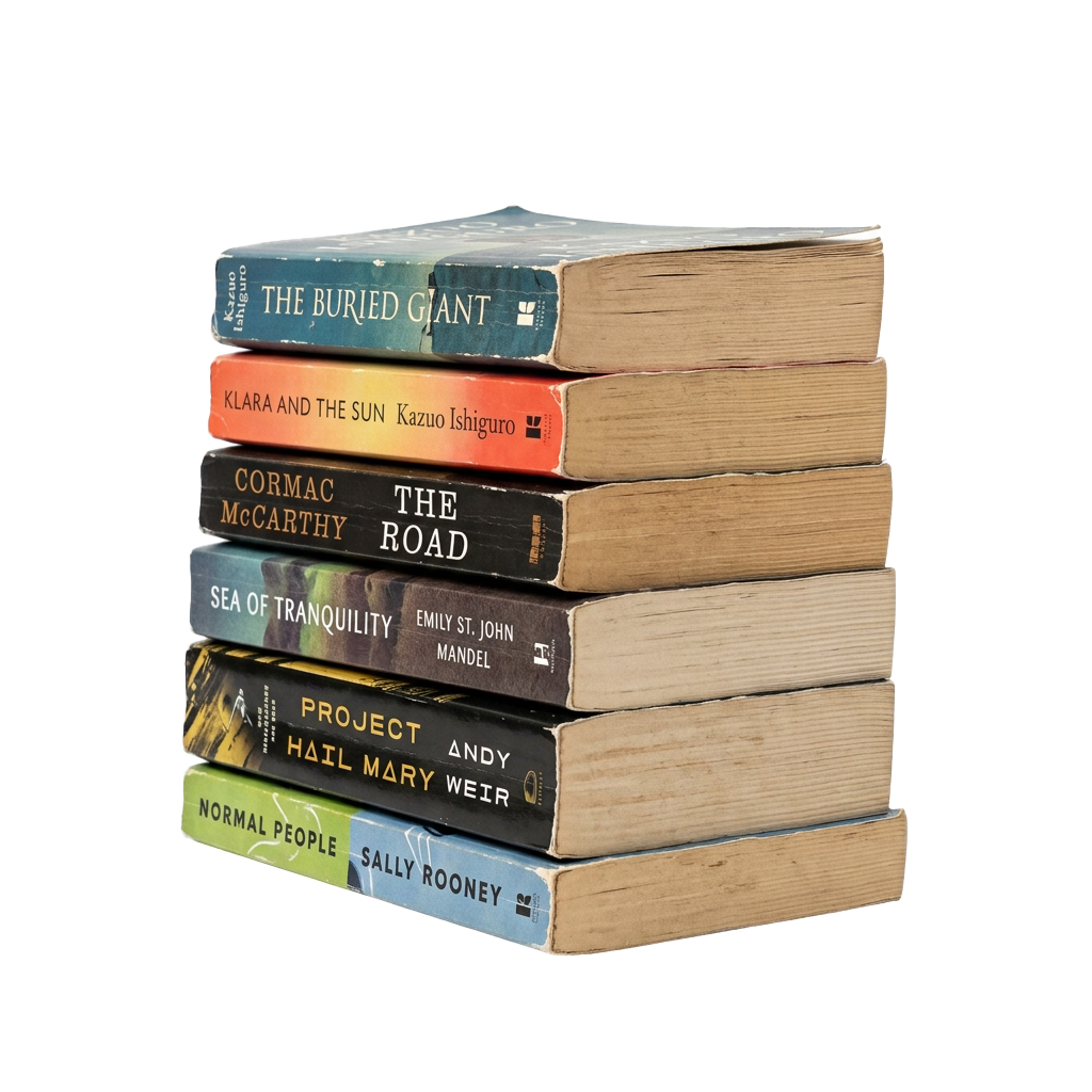 Six paperback books stacked vertically with visible titles including The Buried Giant, Klara and the Sun, The Road, Sea of Tranquility, Project Hail Mary, and Normal People