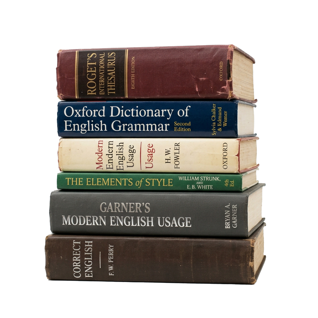 Five vintage reference books on English grammar and usage stacked vertically