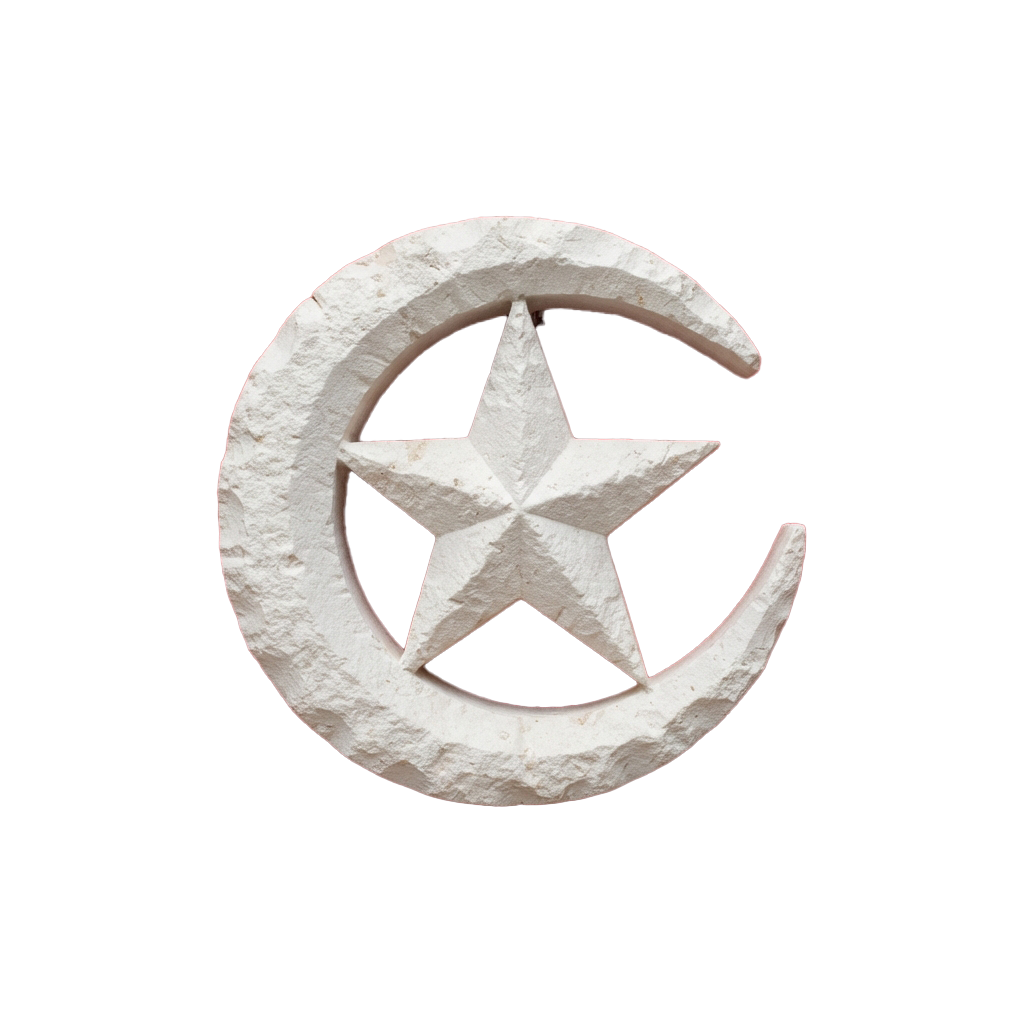 A white sculpted crescent moon with a five-pointed star centered inside it on a black background