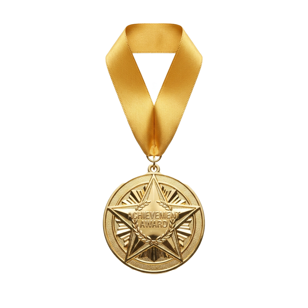 A gold-colored star-shaped achievement award medal with a satin ribbon attached
