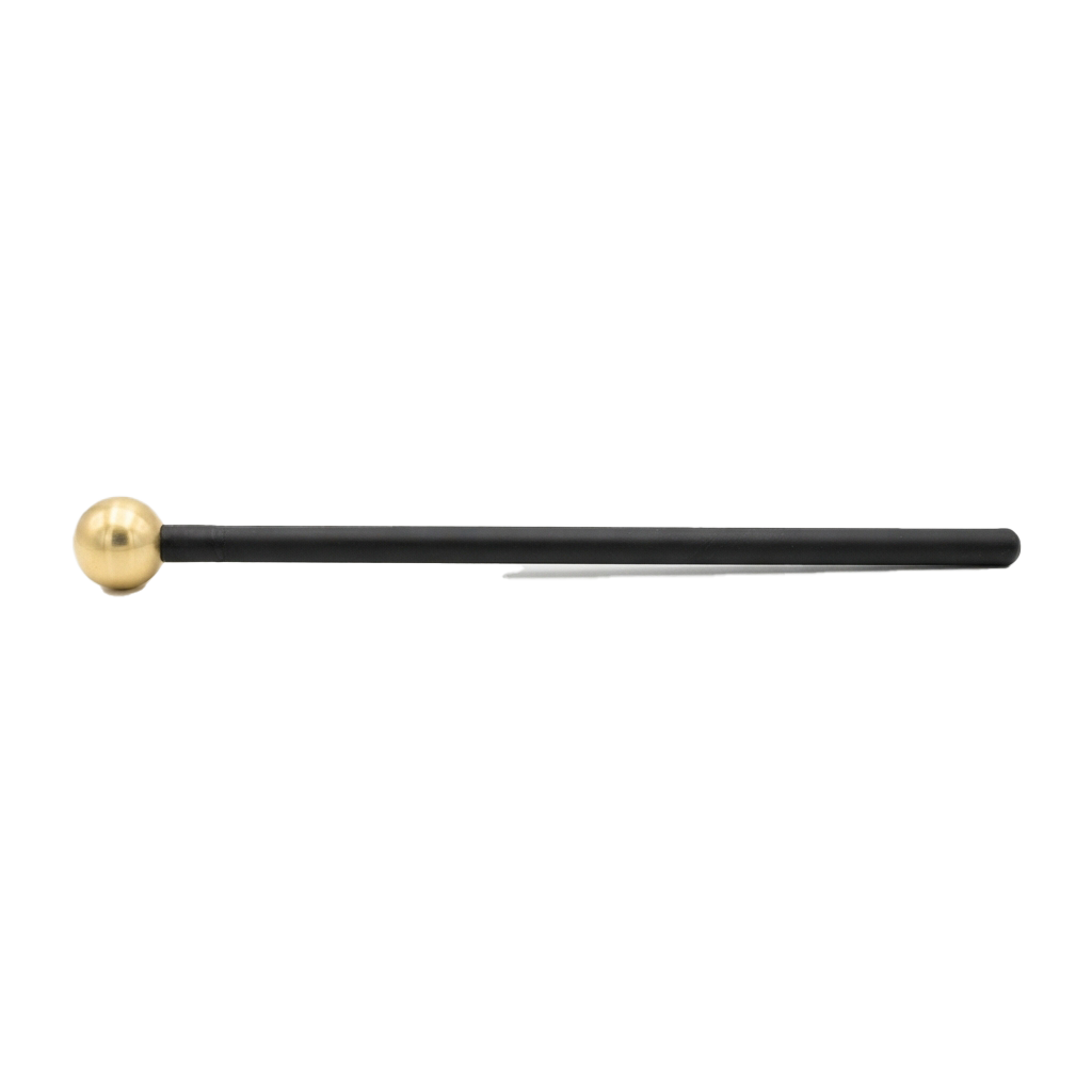 A clear glass rod with a wooden handle used for stirring or mixing in a laboratory setting