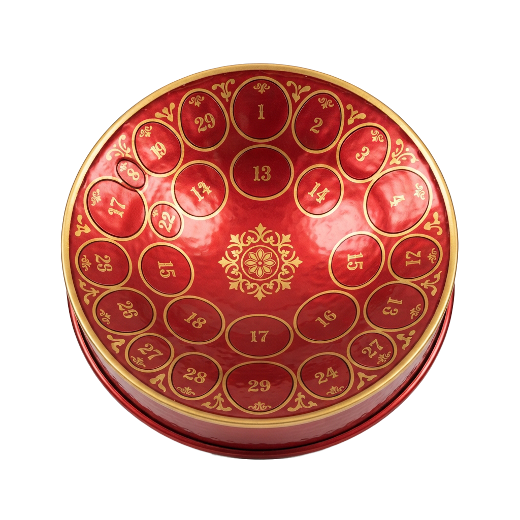 Red bowl with gold circular patterns and numbers from 1 to 29 arranged in a symmetrical layout