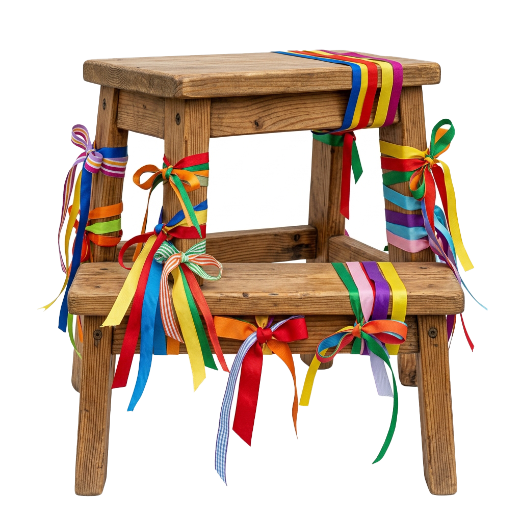 Wooden stool wrapped with multicolored ribbons tied in bows around the frame and seat