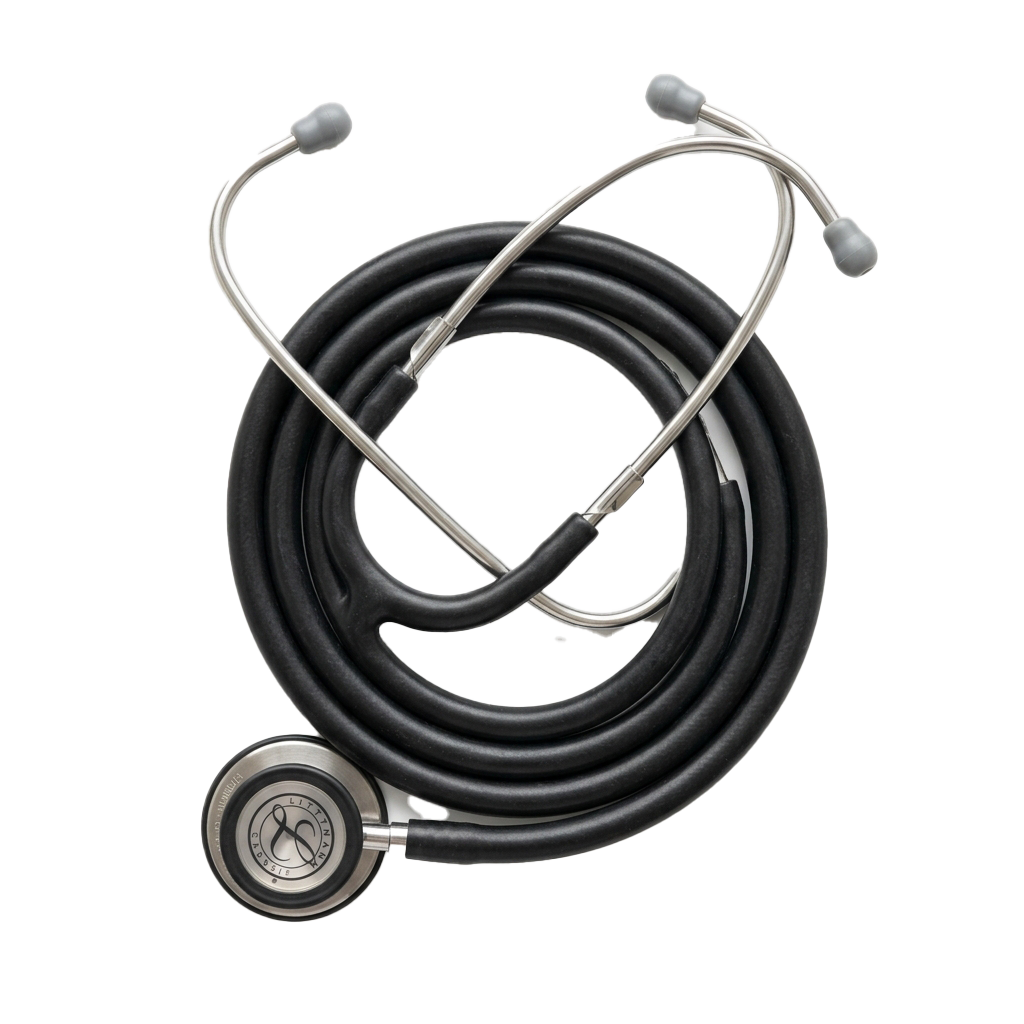 A medical stethoscope with black tubing coiled, silver chest piece, and gray earpieces