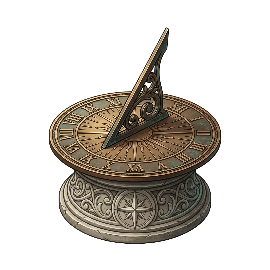 A detailed sundial with Roman numerals and a decorative compass base featuring intricate patterns and a star emblem