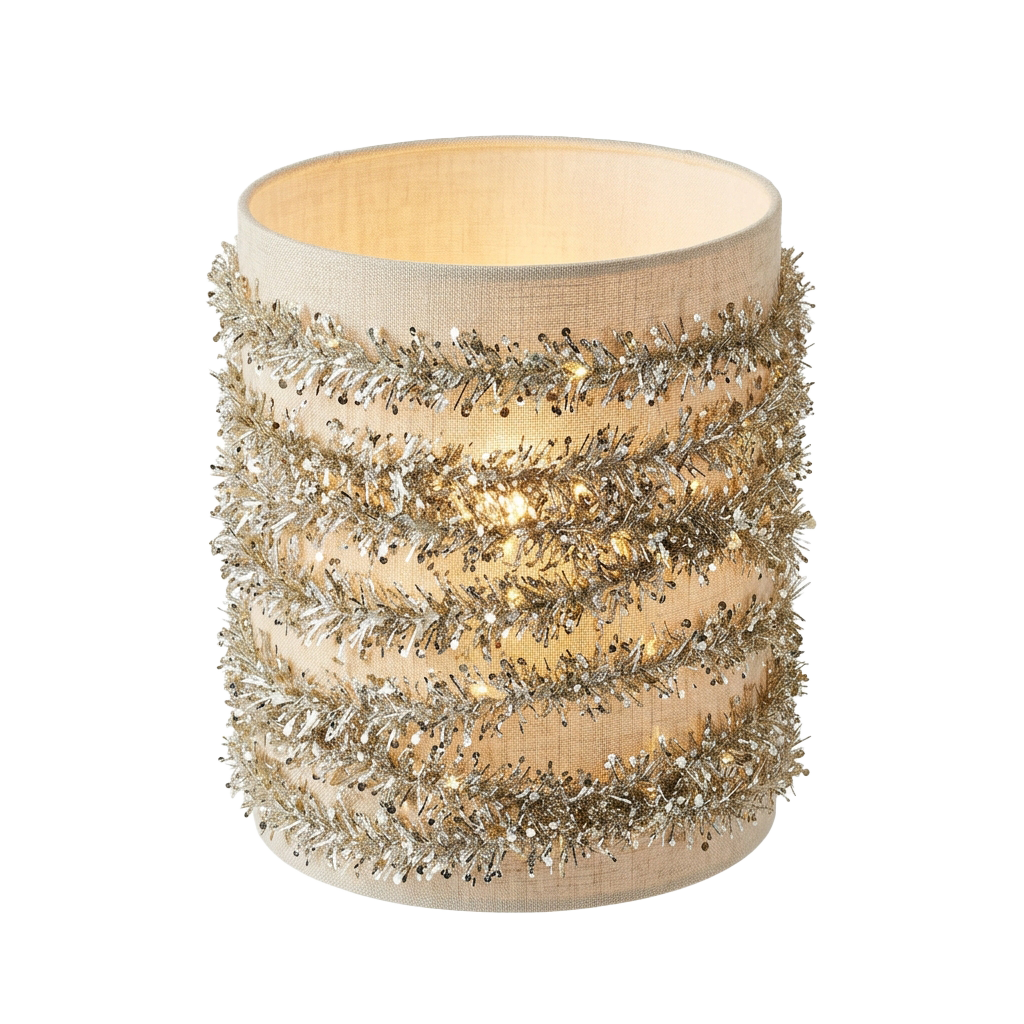 Decorative cylinder lamp with gold tinsel wrapped around its base and a light beige lampshade.