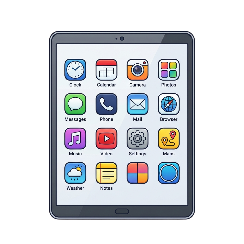 Tablet showing twelve colorful app icons including clock, calendar, camera, messages, phone, and more