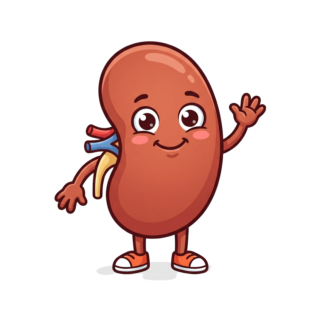 A smiling cartoon kidney character waving with one arm and holding a ureter in the other