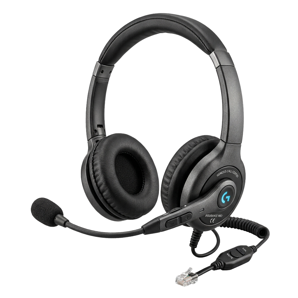 Black over-ear headset with built-in microphone and RJ9 plug against black background
