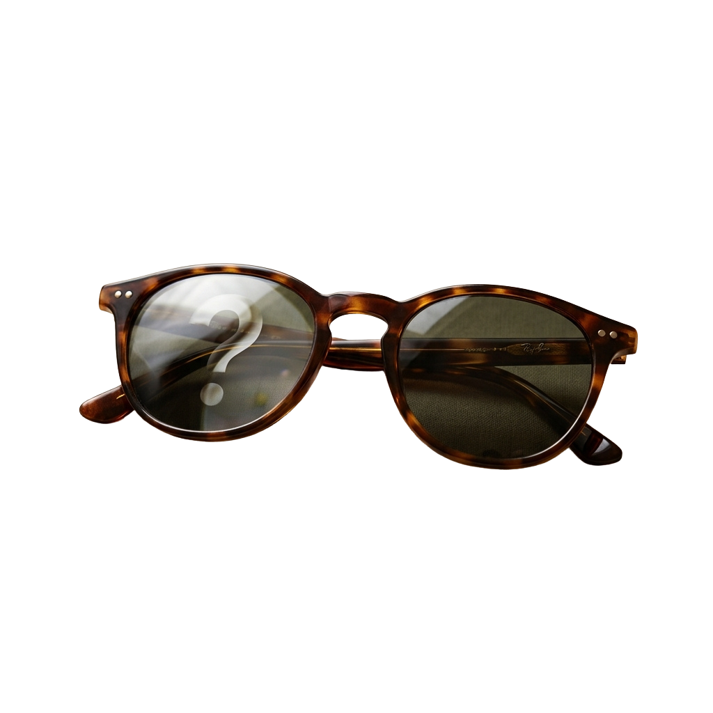 A pair of round tortoiseshell eyeglasses with a question mark reflected in the left lens