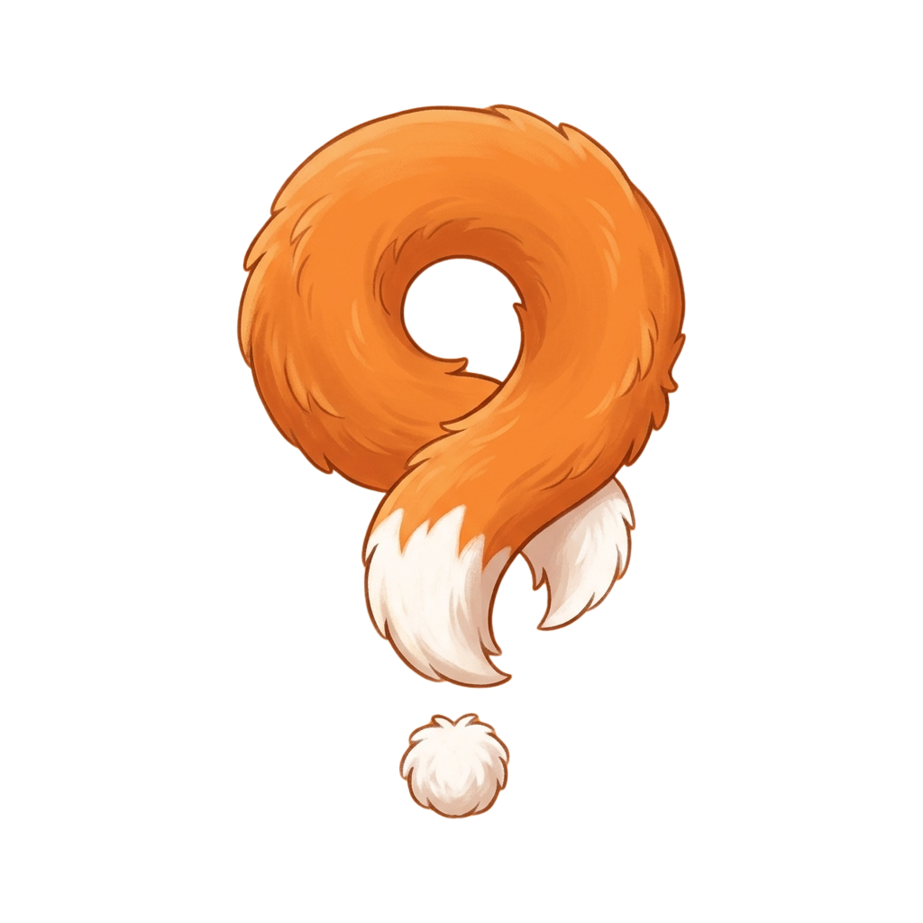 A stylized cartoon fox with a curly tail forming a question mark shape