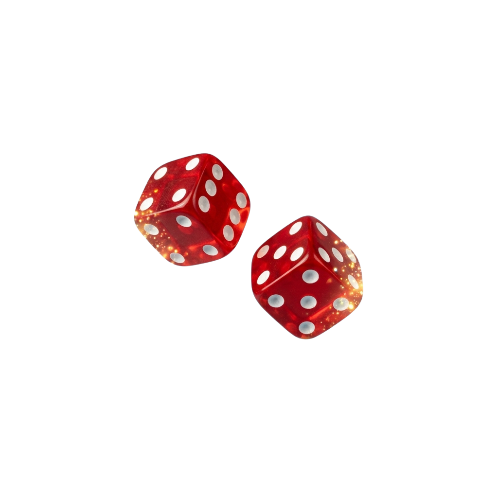 Two red translucent dice with white pips glowing softly against a black background