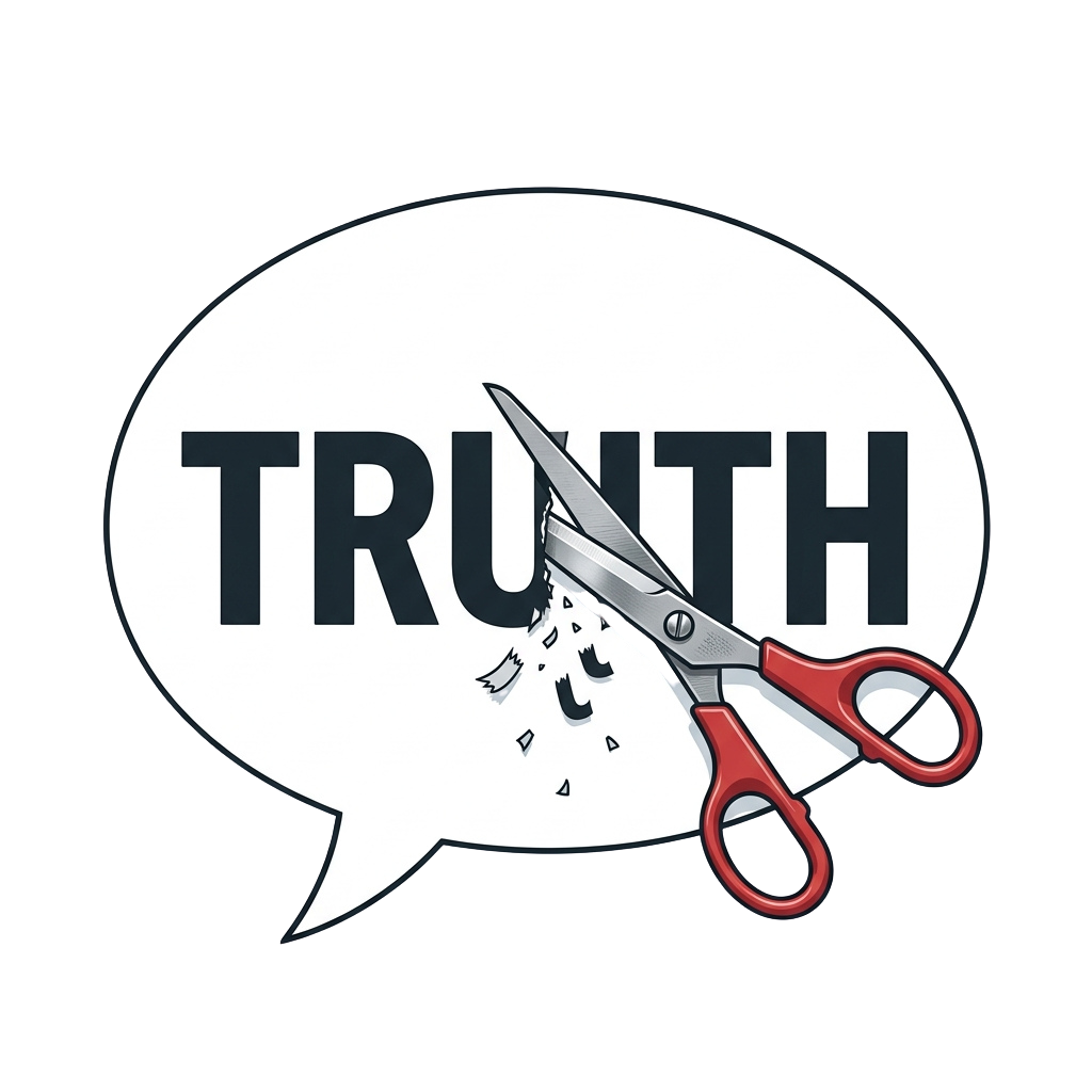 Scissors cutting through the word TRUTH inside a speech bubble