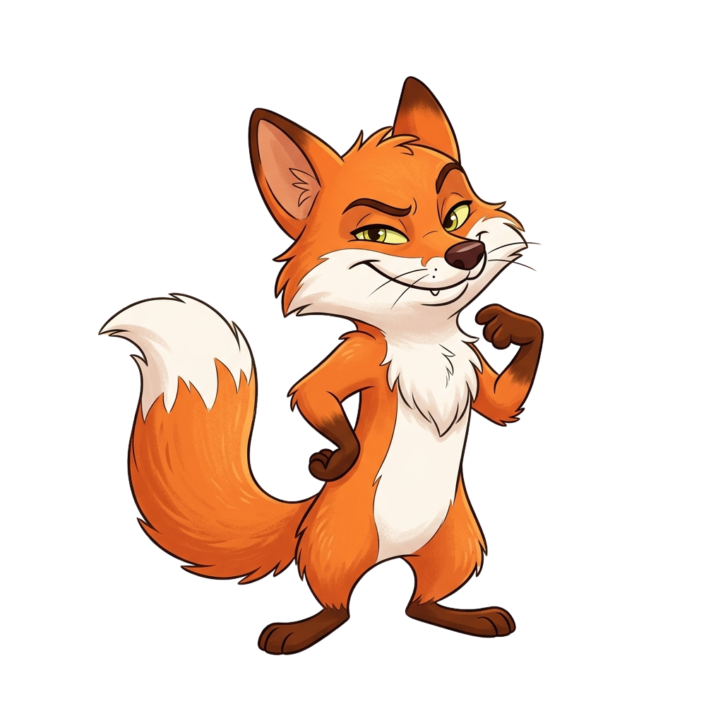A cheerful cartoon fox with orange and white fur standing confidently on two legs, flexing its arm
