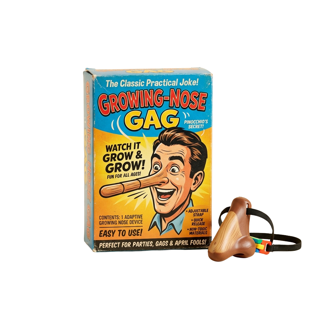 Box and toy of a growing nose gag prank device featuring a cartoon man with an elongated nose.