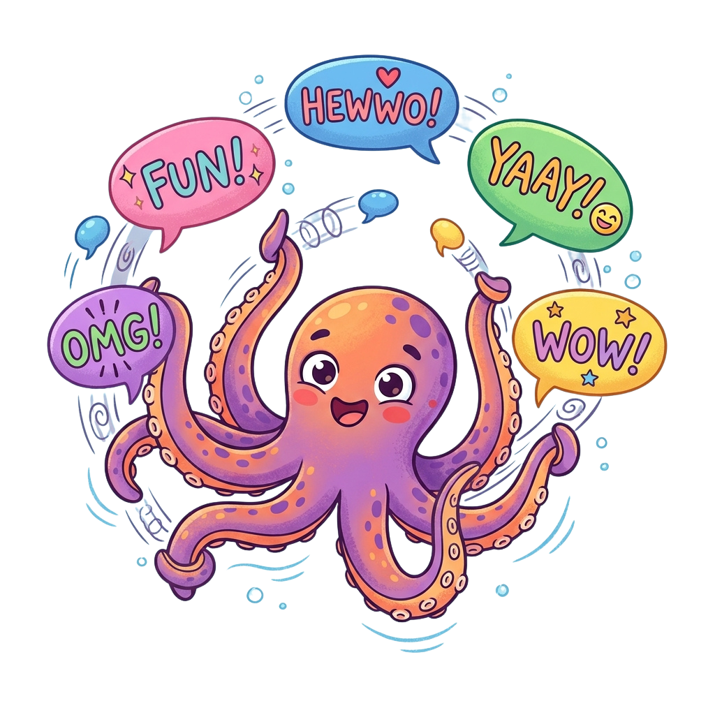 A cheerful cartoon octopus surrounded by colorful speech bubbles saying fun exclamations like hewwo, yaay, wow, fun, and omg