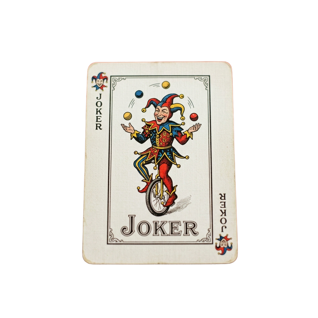 A playing card labeled Joker featuring a colorful jester character balancing on a unicycle and juggling balls.