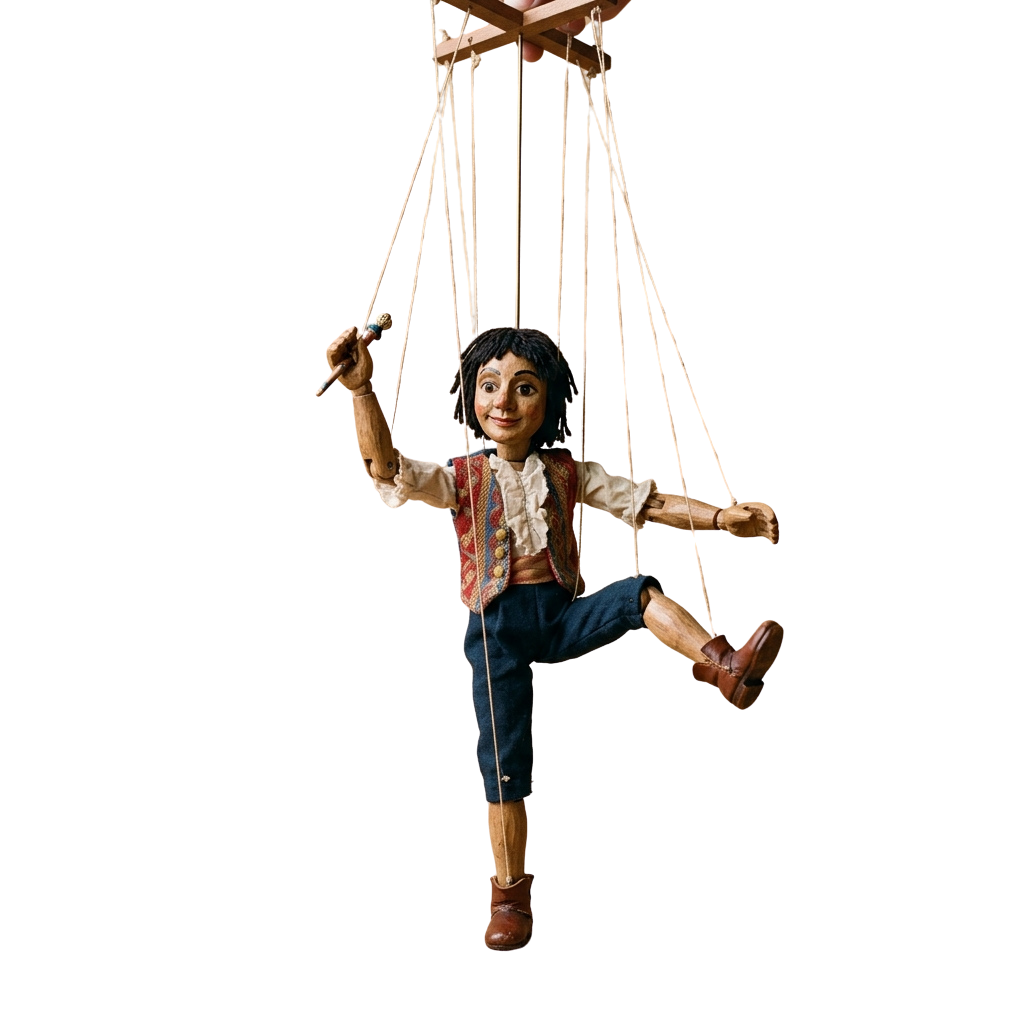A wooden marionette puppet with strings attached, dressed in a colorful vest and blue pants, mid-motion pose.