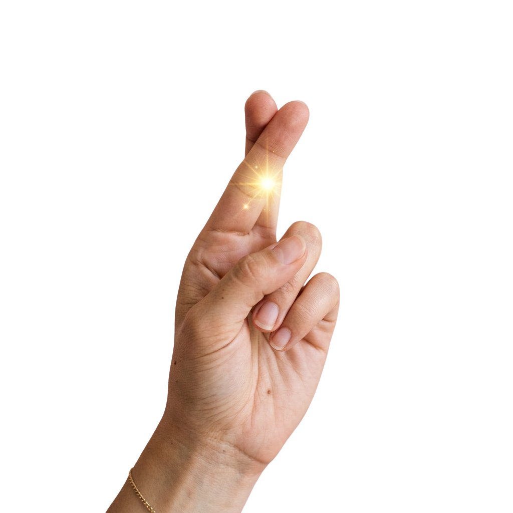 A hand forming an X shape with the index and middle fingers against a dark background