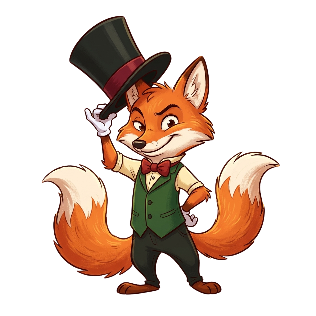 A cheerful fox character dressed in a green vest, bow tie, and top hat, waving with a smile