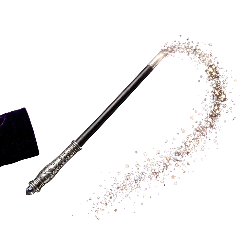 A decorative wand emitting a trail of sparkling star lights against a dark backdrop