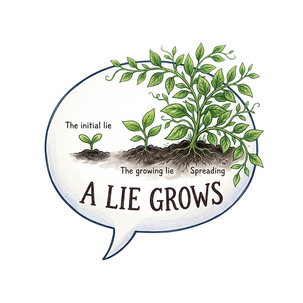 A speech bubble illustration depicting a small lie growing into a large plant with roots and leaves, labeled with stages: initial lie, growing lie, spreading.