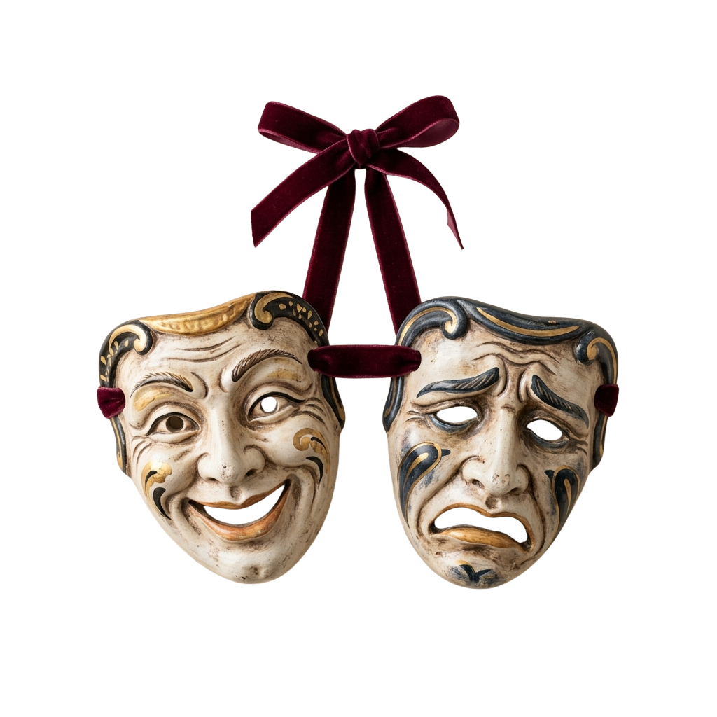 Two traditional Commedia dell'arte masks tied together with a burgundy velvet ribbon, one smiling and one frowning