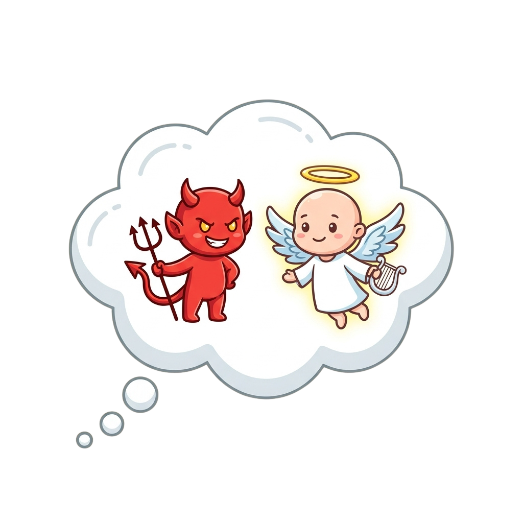 A devil with a pitchfork and an angel with a halo and harp inside a speech bubble