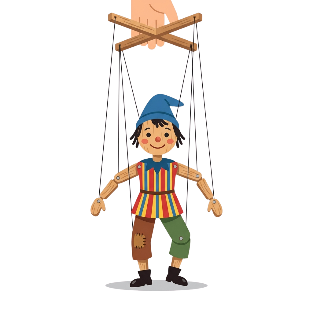 A cheerful wooden puppet with blue hat, striped shirt, and patched pants controlled by strings from above