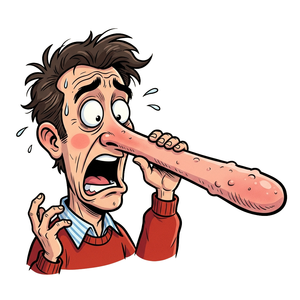 A cartoon character with wide eyes, an open mouth, and an extremely long nose being held by their hand.