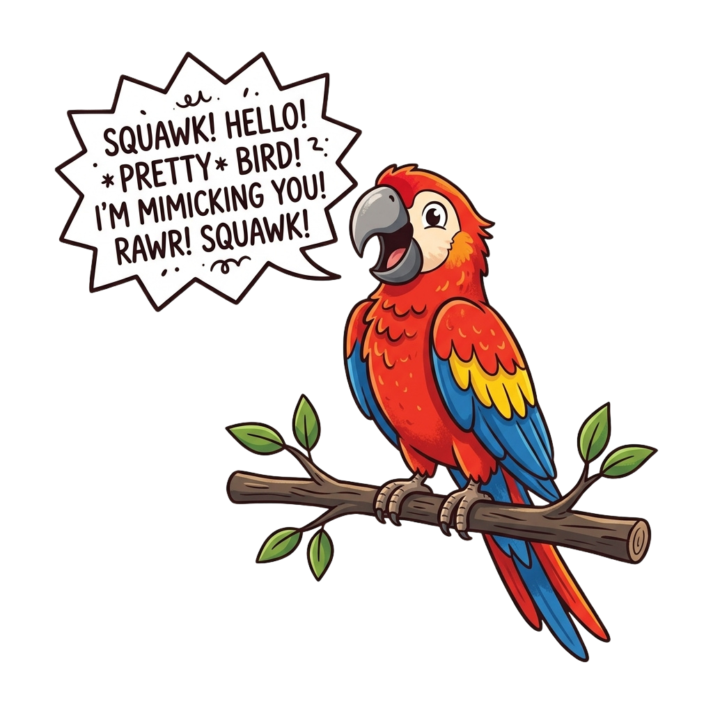 A cheerful cartoon parrot perched on a branch mimicking sounds with a speech bubble saying hello and rawr