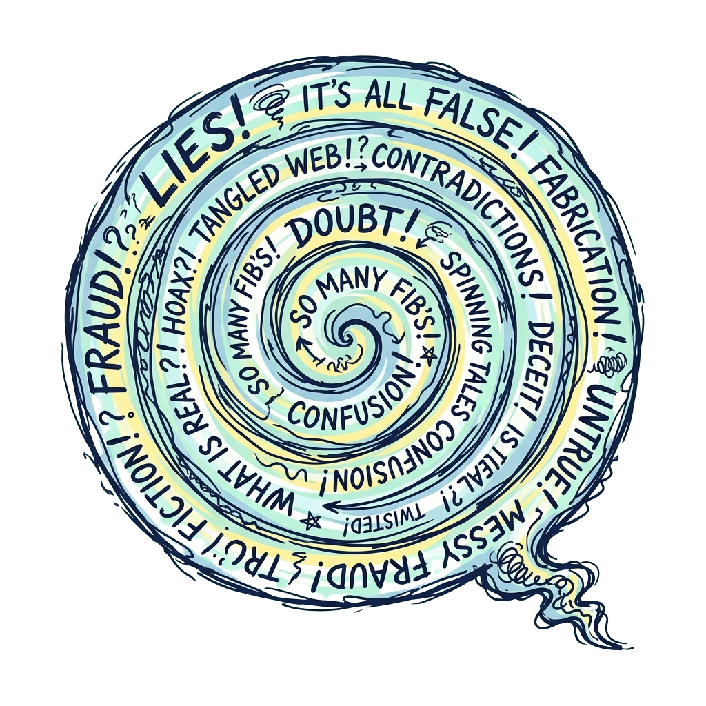 A colorful spiral thought bubble with words like lies, fraud, doubt, and confusion written inside